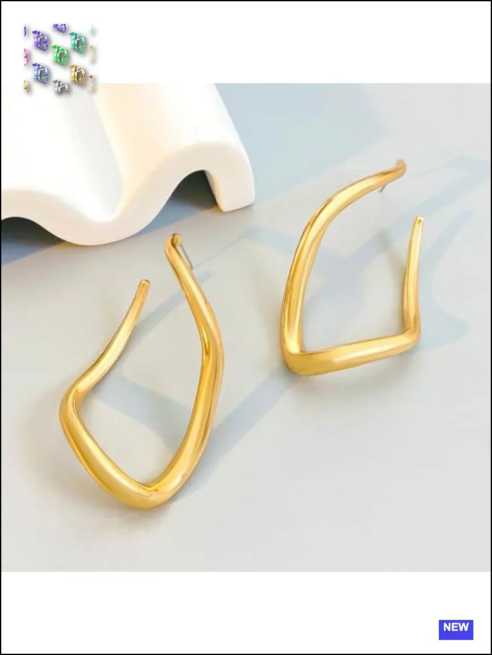 14K Gold Square Large Hoop Earrings Unique Twisted Rectangle Drop